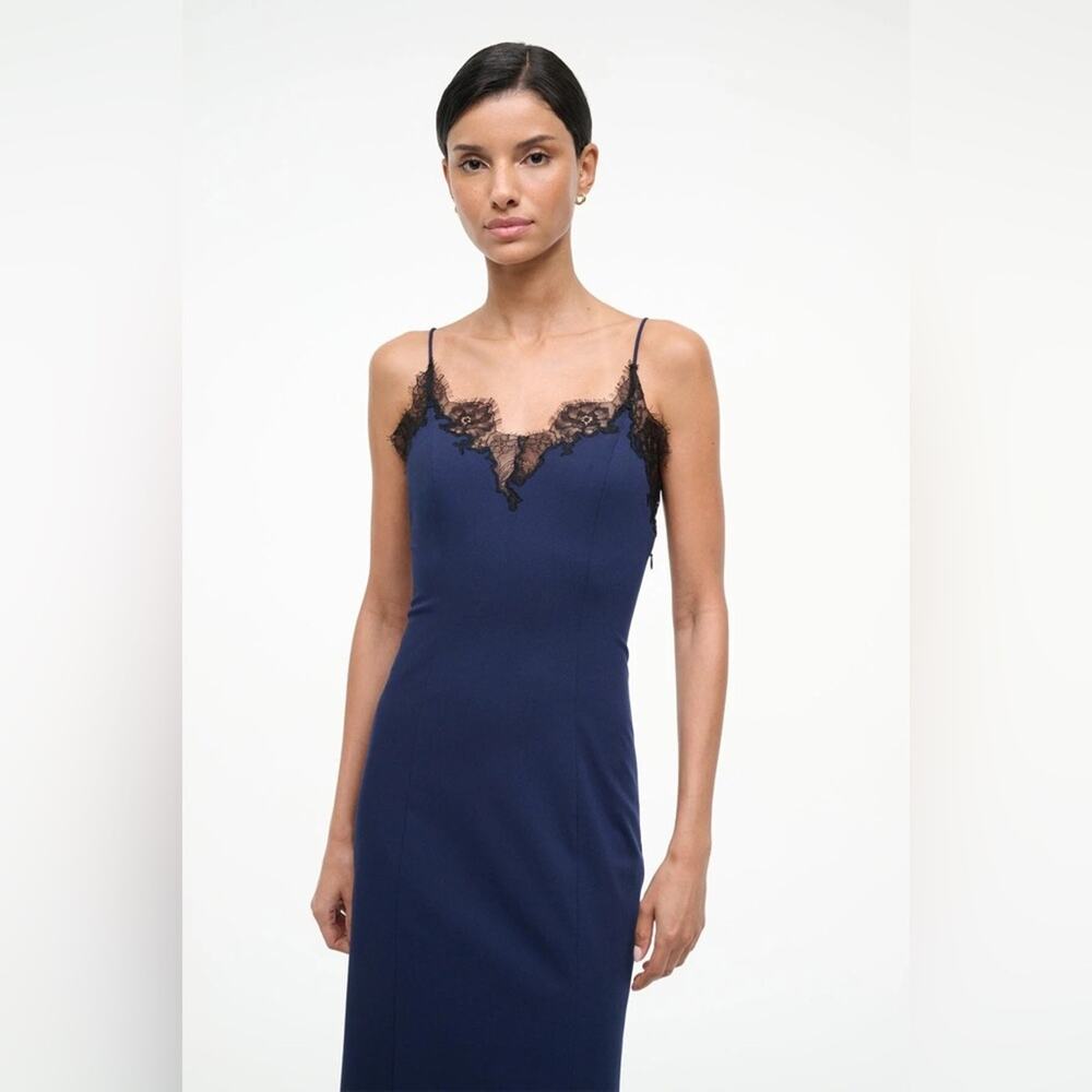 Staud Nadia Lace Trim Midi Dress in Navy M - Picture 3 of 9